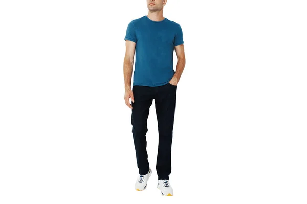 Dark Blue Shirt Man Layout Isolated White Background Copy Space — Photo