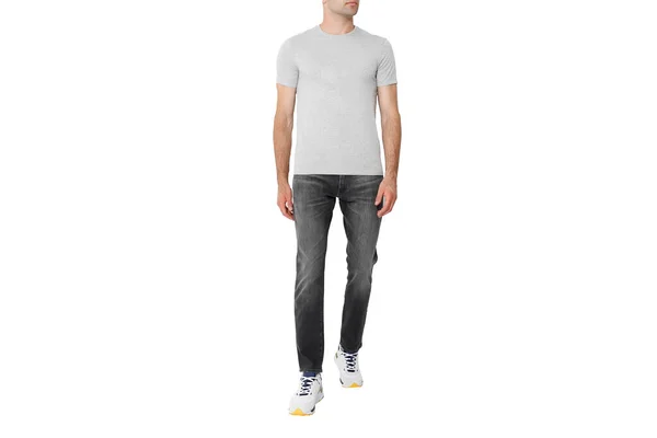 Grey Shirt Man Layout Isolated White Background Copy Space — 스톡 사진