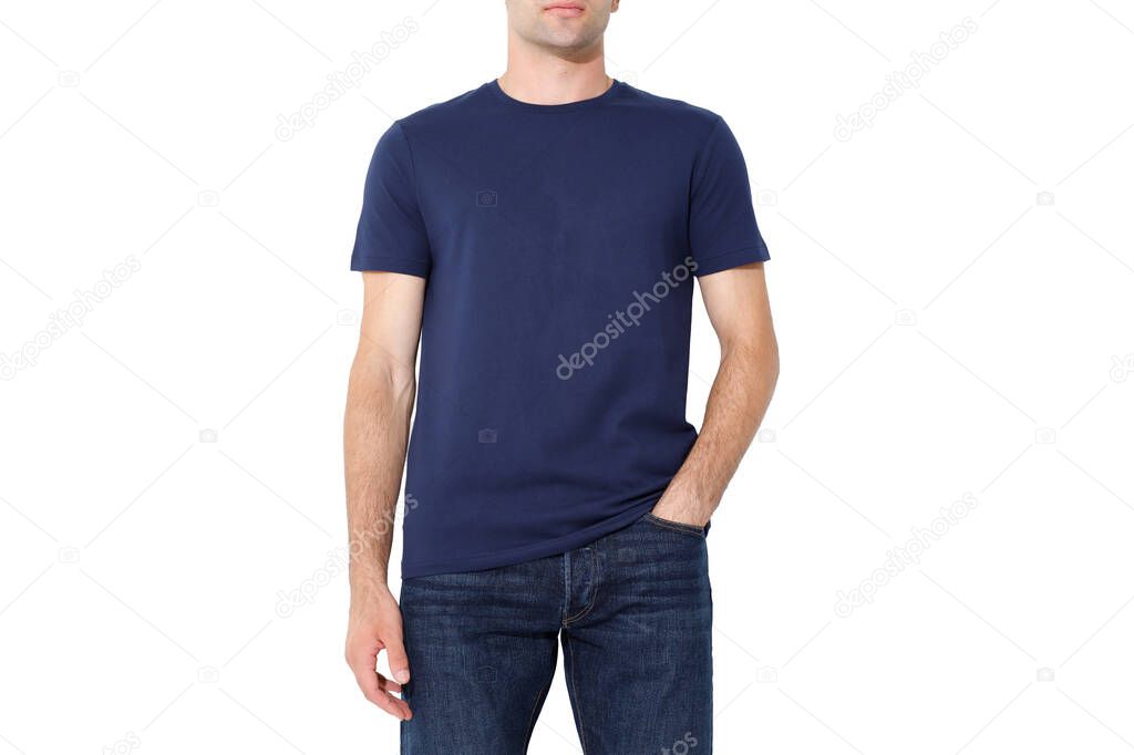 dark blue t-shirt on a man, layout isolated on a white background, copy space