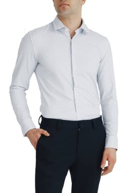 Classic shirt of black silk with long sleeves and pockets on chest in half turn front, side and back