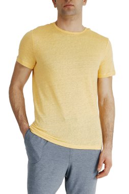 Yellow color men's t-shirts. Design template.Copy space