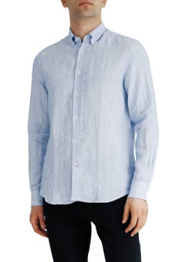 Classic shirt of black silk with long sleeves and pockets on chest in half turn front, side and back