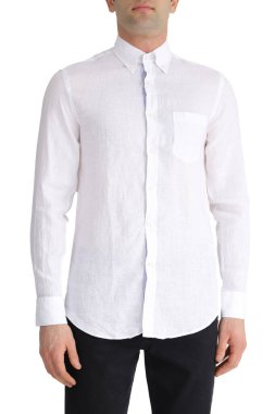 Classic shirt of black silk with long sleeves and pockets on chest in half turn front, side and back
