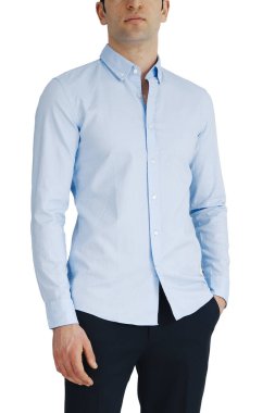 Classic shirt of black silk with long sleeves and pockets on chest in half turn front, side and back