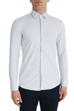 Classic shirt of black silk with long sleeves and pockets on chest in half turn front, side and back