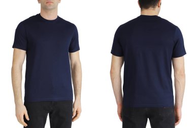 Black T-shirt on two sides on a white isolated background, copy space