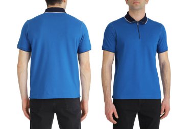 Blue T-shirt on two sides on a white isolated background, copy space