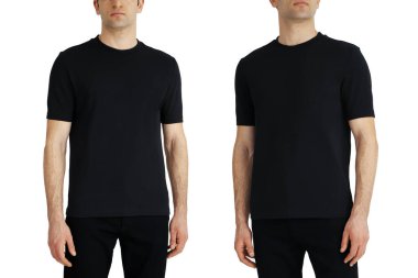 Black T-shirt on two sides on a white isolated background, copy space