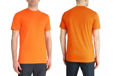 Orange T-shirt on two sides on a white isolated background, copy space