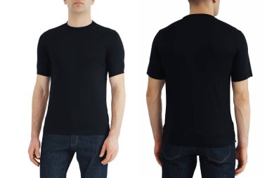Black T-shirt on two sides on a white isolated background, copy space