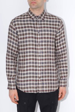 Classic shirt of black silk with long sleeves and pockets on chest in half turn front, side and back