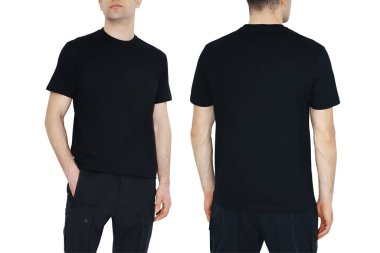 Fotokopi alanı olan siyah tişörtlerin iki yüzü