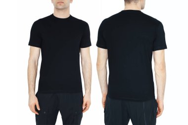 Fotokopi alanı olan siyah tişörtlerin iki yüzü