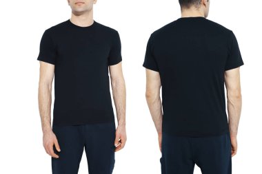 Fotokopi alanı olan siyah tişörtlerin iki yüzü