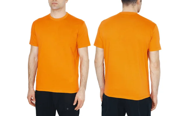 Två Sidor Mäns Orange Shirts Mockup Designa Mall Mockup — Stockfoto