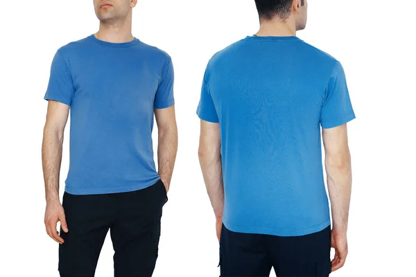 男性の青いTシャツのモックアップの2つの側面 デザインテンプレート Mokup — ストック写真
