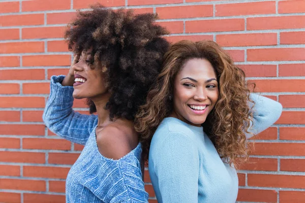 Side view of smiling african american women with long afro hair, glamour makeup and blue shirt posing in brick wall. Beauty portrait of african natural girls standing back to back