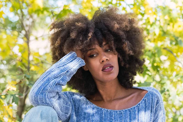 Parkta poz veren uzun afro saçlı ve mavi gömlekli çekici Afro-Amerikan modelinin yakın çekimi. Güzel, siyah tenli, Afrikalı, etnik kadın yüzü.