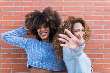 Afro saçlı, gösterişli makyajlı ve mavi kazakla kameraya doğru çekilen olumlu siyah arkadaşları var. Tuğla duvarda gülümseyen Afrikalı doğal kızların güzel portresi
