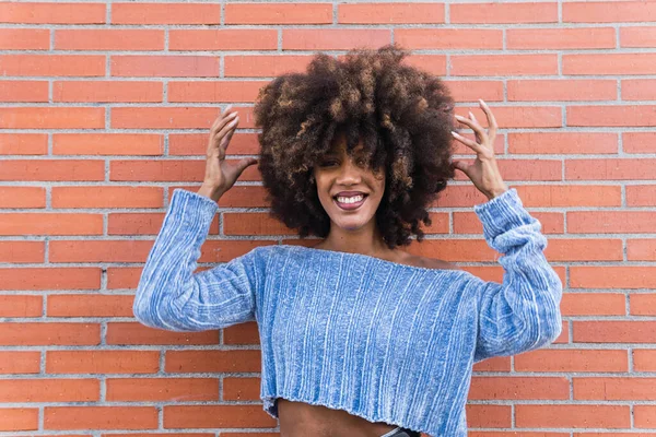 Uzun afro saçlarıyla gülümseyen Afro-Amerikalı bir kadın. Parlak makyajlı ve mavi gömlekli. Tuğla duvarda saçlarına dokunurken poz veriyor. Güzel siyah tenli kadın. Dişçi konsepti