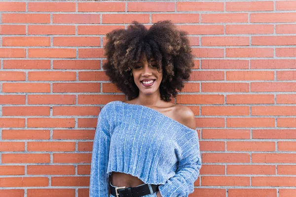 Beyaz mükemmel gülüşü, uzun afro saçı, göz kamaştırıcı makyajı ve mavi kazağı olan Afro-Amerikan kadını. Güzel, siyah tenli, Afrikalı, etnik kadın yüzü.
