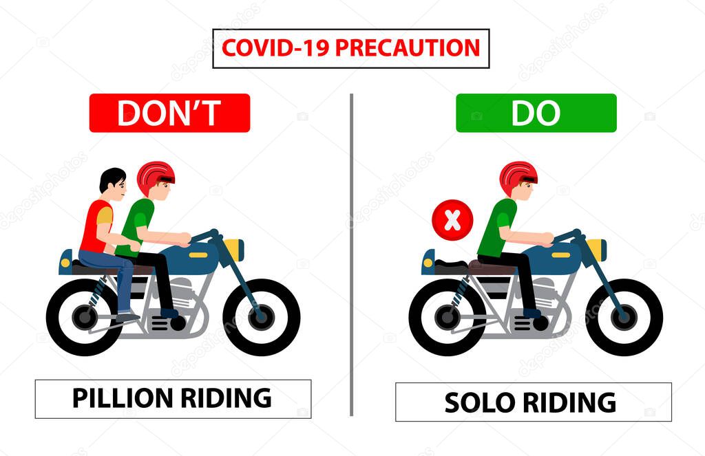 Do and don't poster for covid 19 corona virus. Safety instruction for office employees and staff. Vector illustration of bike driving with pillion riding or solo riding Do and don't poster for covid 19 corona virus. Safety instruction for office empl