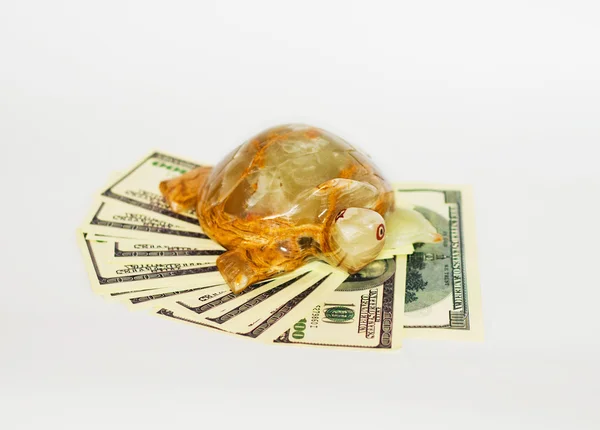 Onyx lucky turtle on a pack of dollars isolate — Stock Photo, Image