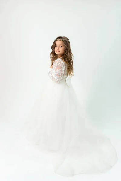 Little Girl White Dress Tiara Posing White Background Studio Portrait — Photo