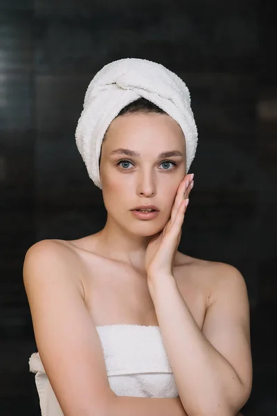 Portrait Young Girl Drying Hair White Towel Head Shower Treatment — Stock Photo, Image