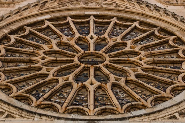 主要的玫瑰窗的莱昂在反腐中的哥特式大教堂的特写 — 图库照片