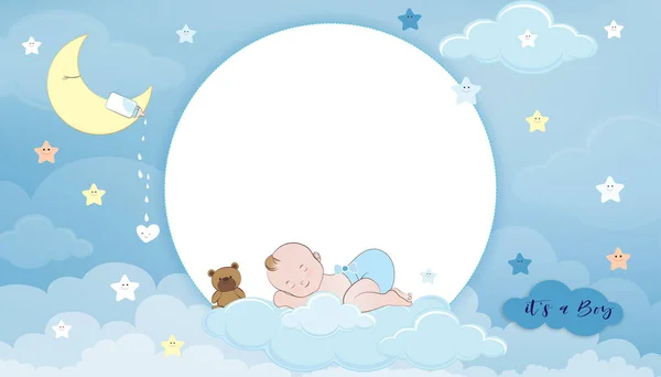 Κάρτα Ντους Μωρών Χαριτωμένο Μικρό Αγόρι Κοιμάται Στο Ημισέληνο Μπουκάλι — Διανυσματικό Αρχείο