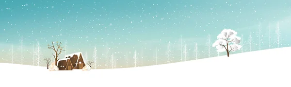 冬天的风景 雪地环绕着 病媒用森林松树和没有叶子的树枝描绘了乡村的仙境农舍 — 图库矢量图片