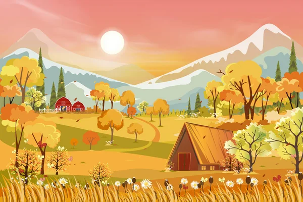 Krajobrazy Panoramy Fantasy Wsi Jesienią Panorama Połowy Jesieni Pola Góry — Wektor stockowy