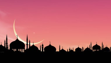 Mübarek Kurban Kartı, Siluet Kubbe Camii geceleri Hilal Ay ile Pembe Gökyüzü, İslam dinleri için Vektör Sancak, Kurban Bayramı, Kurban Bayramı, Mutlu Muharram, İslami Yeni Yıl