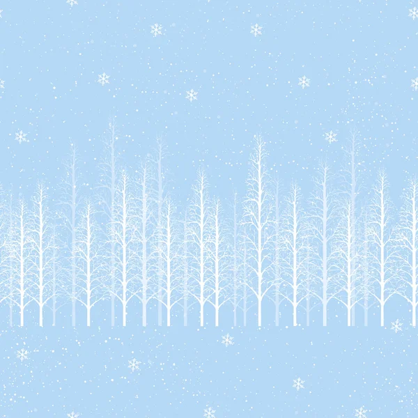 青い背景にシームレスなパターンの森の松の木と雪 クリスマスと新年の背景のための枝の木と異なるサイズのかわいいランダムな小さな白い点 — ストックベクタ