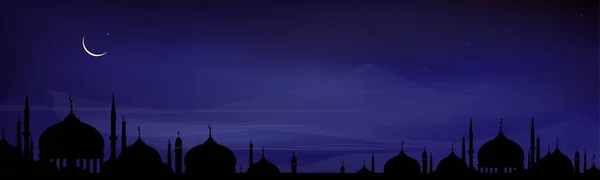 Carte Aïd Moubarak Ramadan Kareem Avec Silhouette Dôme Mosquées Nuit — Image vectorielle