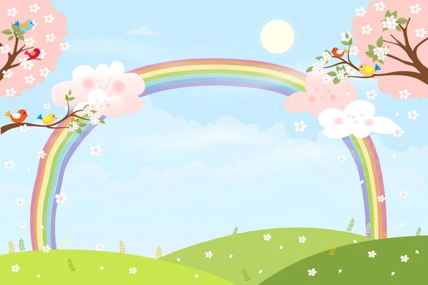 带有复制空间的卡通画春天的风景 带有彩虹色的矢量夏季绿地 蓝天和粉色云彩 春天或夏天背景 复活节贺卡的横幅模板 — 图库矢量图片