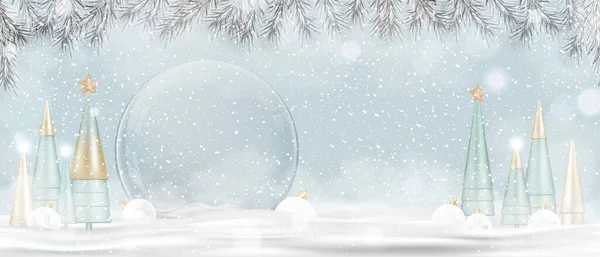 祝2022年新年快乐 圣诞快乐 圣诞雪球 雪上有锥形树 玻璃雪球3D设计 节庆圣诞元素 节日海报 有复印空间的传单 — 图库矢量图片