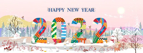 Mutlu yıllar 2022, şehirde kış manzarası ve kutup ayısı Noel arifesi kutlaması. Şehirde mutlu ayıların kayak yaptığı ve şehir parkında kayak yaptığı kış harikalar diyarı. 