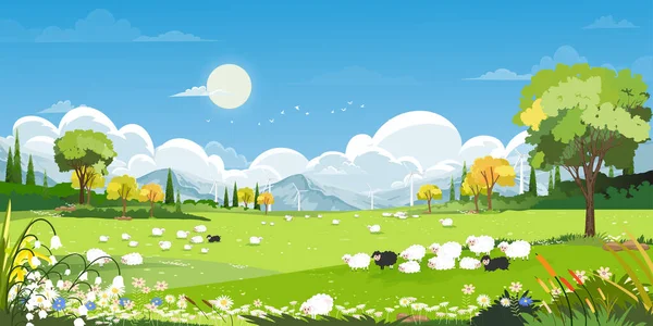 Mavi Gökyüzü Bulutlu Tepelerde Keçileri Koyunları Değirmenleri Olan Bahar Köyü — Stok Vektör