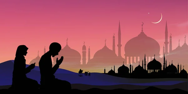 Silhouette Muslim Man Woman Making Supplication Salah Sitting Desert Sand — Stock Vector