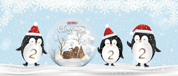 Biglietto Auguri Natale Capodanno 2022 Carino Pinguino Con Globo Natalizio — Vettoriale Stock
