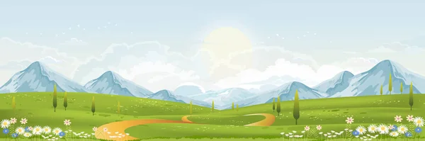 Jarní Zelená Pole Krajina Horami Modrá Obloha Mraky Pozadí Panorama — Stockový vektor