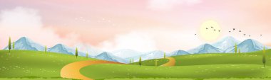 Baharda yeşil alanlar, dağ, mavi gökyüzü ve bulutlar arka planda, Panorama barışçıl kırsal doğada yeşil çimen arazisi. İlkbahar ve yaz afişi için çizgi film vektör illüstrasyonu