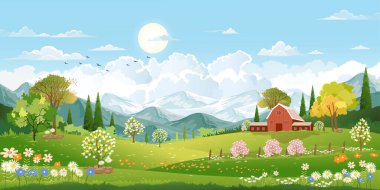 Panorama landscape of spring village with green meadow on hills and blue sky, Vector Summer or Spring landscape, Panoramic countryside of green field with farmhouse, barn and grass flowers  clipart