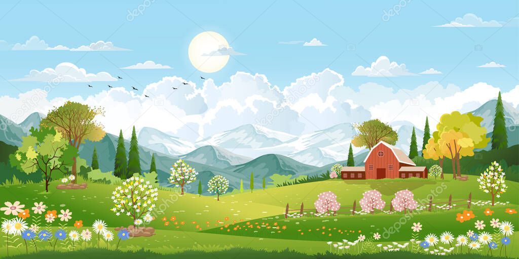 Panorama landscape of spring village with green meadow on hills and blue sky, Vector Summer or Spring landscape, Panoramic countryside of green field with farmhouse, barn and grass flowers 