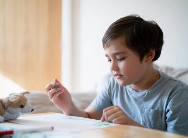 Öğrenci beyaz kağıt üzerine yeşil renkli kalem çiziyor, küçük çocuk okul ödevi yapıyor, mutlu çocuk hafta sonları evde el sanatları yapıyor. Ev Eğitimi 