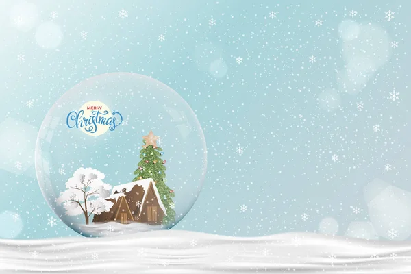 Merry Christmas Gift Snow Globe Xmas Tree House Snow Blue — Stock Vector