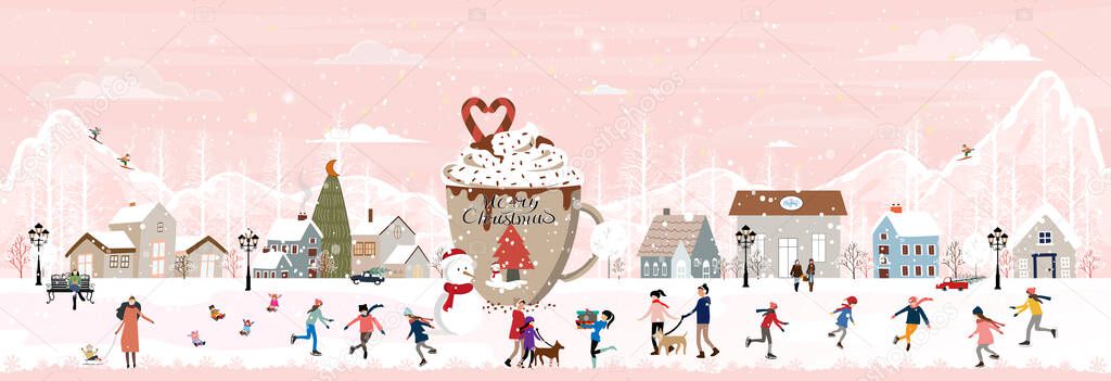 Winter landscape on a Christmas eve or New year celebrated in the city, Vector of a horizontal banner winter wonderland in the town with happy people playing ice skatting in the park 