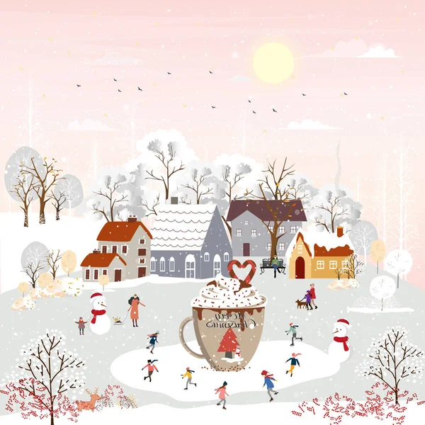 Winter Landscape Celebrating Christmas New Year 2022 Village Night Happy — Stock Vector